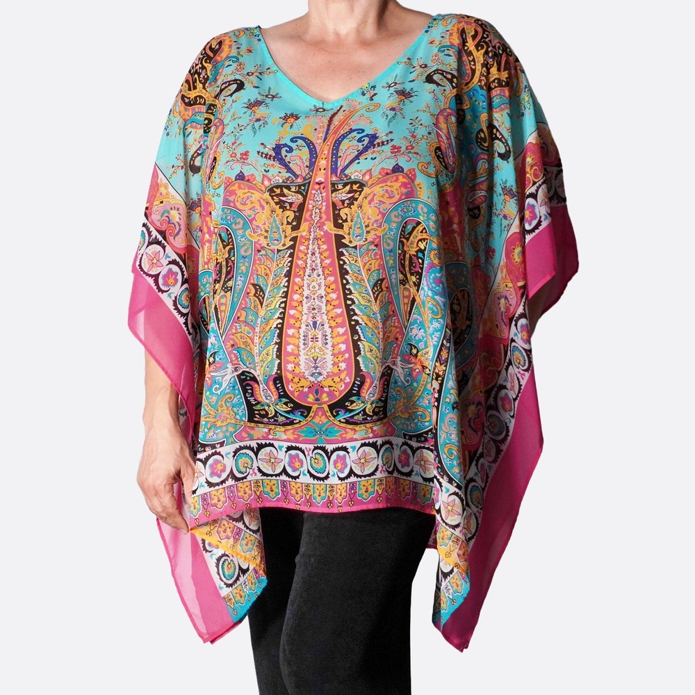 Lane Bryant Kaftan Top Turquoise Pink Plus 2X 3X Paisley Sheer Poncho Blouse
